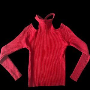 Vibrant Red Ribbed Cold-Shoulder Turtleneck Sweater